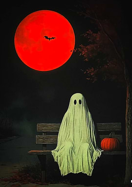 Ghost on Bench with Red Moon