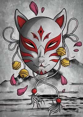 Kitsune Mask with Bells and Petals