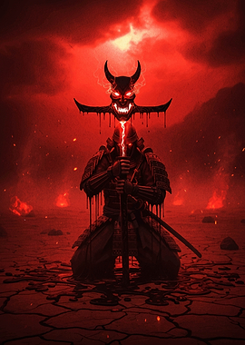 Samurai and Oni in Red Landscape