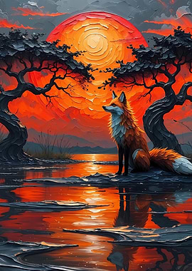Fox wall art, sunset painting, landscape art, large wall art