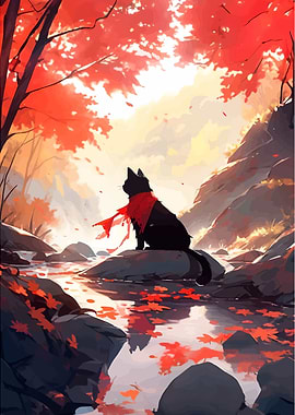 Black Cat in Autumn Landscape