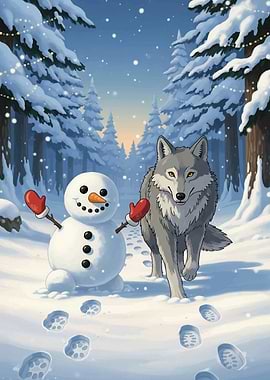 Snowman and Wolf in Winter Forest
