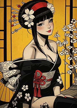 Geisha with Cherry Blossoms Digital Art