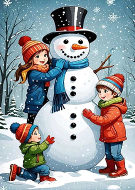 Children Building Snowman Winter