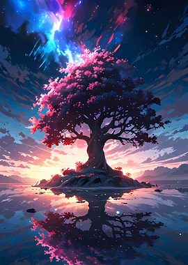 Fantasy Tree Island Reflection Landscape