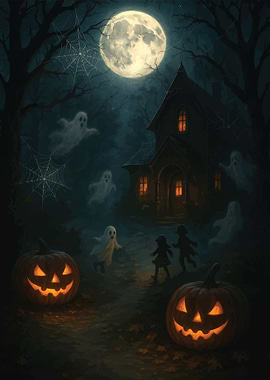 Halloween Night with Ghosts and Pumpkins
