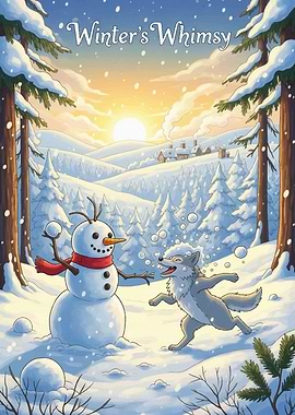 Winter's Whimsy: Snowman and Wolf