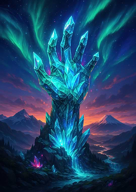 Crystal Hand Landscape with Aurora