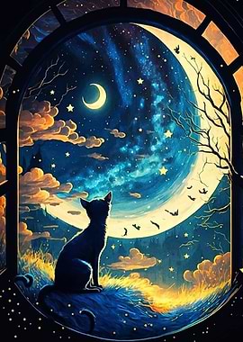 Cat gazing at the moonlit sky