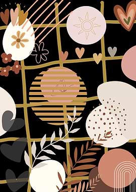 Abstract Boho Pattern with Hearts and Flowers