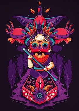 Aztec-inspired illustration with axolotls and figure