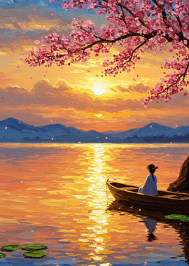 Sunset Serenity: Girl in Boat Painting