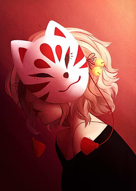 Girl with Kitsune Mask Digital Art