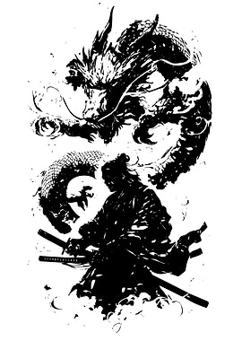 Samurai and Dragon Black and White Art