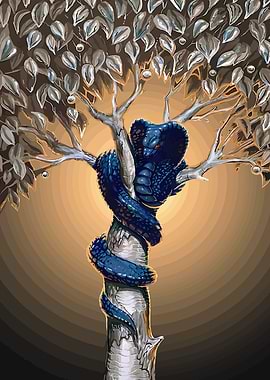 Blue Cobra in Silver Tree Illustration