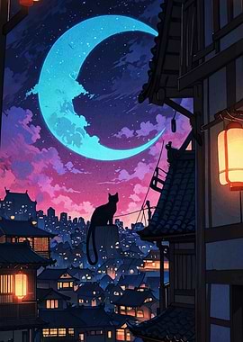 Nighttime Cat Silhouette in Japanese Town
