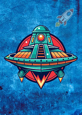 Retro UFO and Rocket Illustration