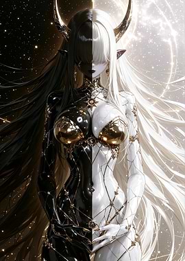 Yin Yang Anime Girl with Horns