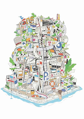 Complex Floating Structure with Figures