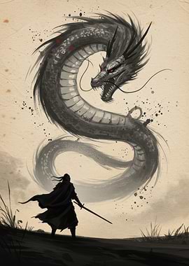 Dragon and Warrior Ink Painting