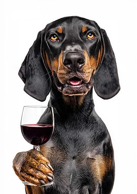 Black and Tan Coonhound dog with Wine Glass Portrait