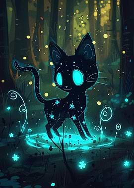 Glowing Cat in Enchanted Forest