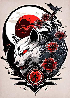 Japanese Fox Mask with Red Flowers