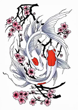 Koi Fish and Cherry Blossoms Artwork