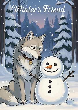 Winter's Friend: Wolf and Snowman Illustration