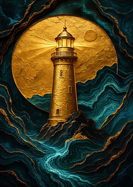 Golden Lighthouse on a Rocky Coast