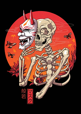 Skeleton with Hannya Mask Illustration