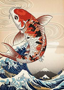 Koi Fish Leaping Over Waves