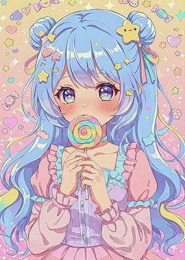 Anime Girl with Lollipop and Pastel Colors