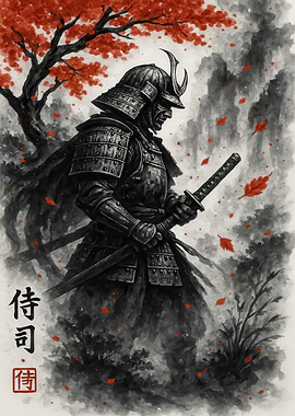 Samurai in Autumn Ink Wash Painting
