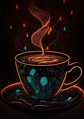 Neon Floral Coffee Cup Art