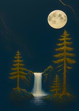 Golden Waterfall Under Moonlight
