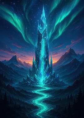 Crystal Tower Landscape with Aurora