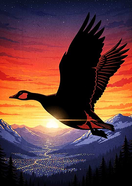 Duck Flying Over Mountain Sunset