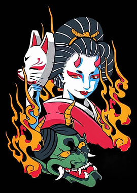 Geisha with Masks and Flames