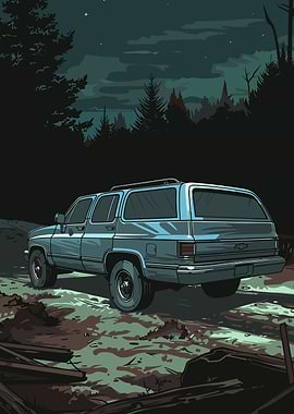 Blue SUV in Dark Forest Illustration