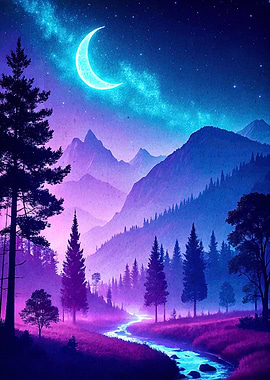 Mystical Night Landscape Moon