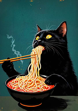 Black Cat Eating Ramen Noodles
