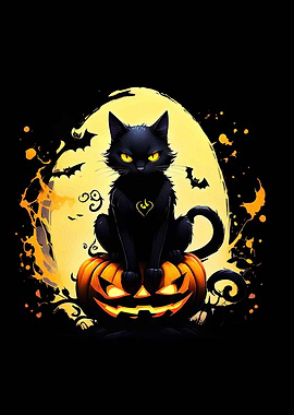 Black Cat on Pumpkin Halloween Art