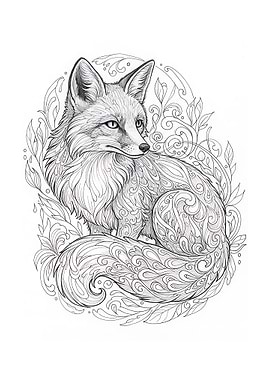 Fox illustration with floral ornaments