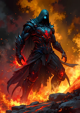Armored Figure in Fiery Landscape