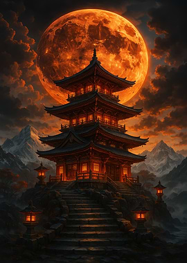 Japanese Pagoda with Full Moon