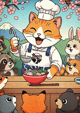Cat Chef Making Ramen Animal