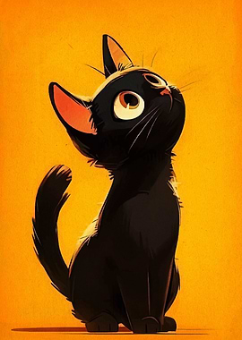Cartoon Black Cat on Orange Background