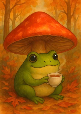 Frog with Tea Under Mushroom