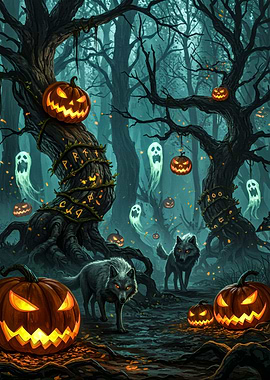 Halloween Forest with Pumpkins and Wolves
